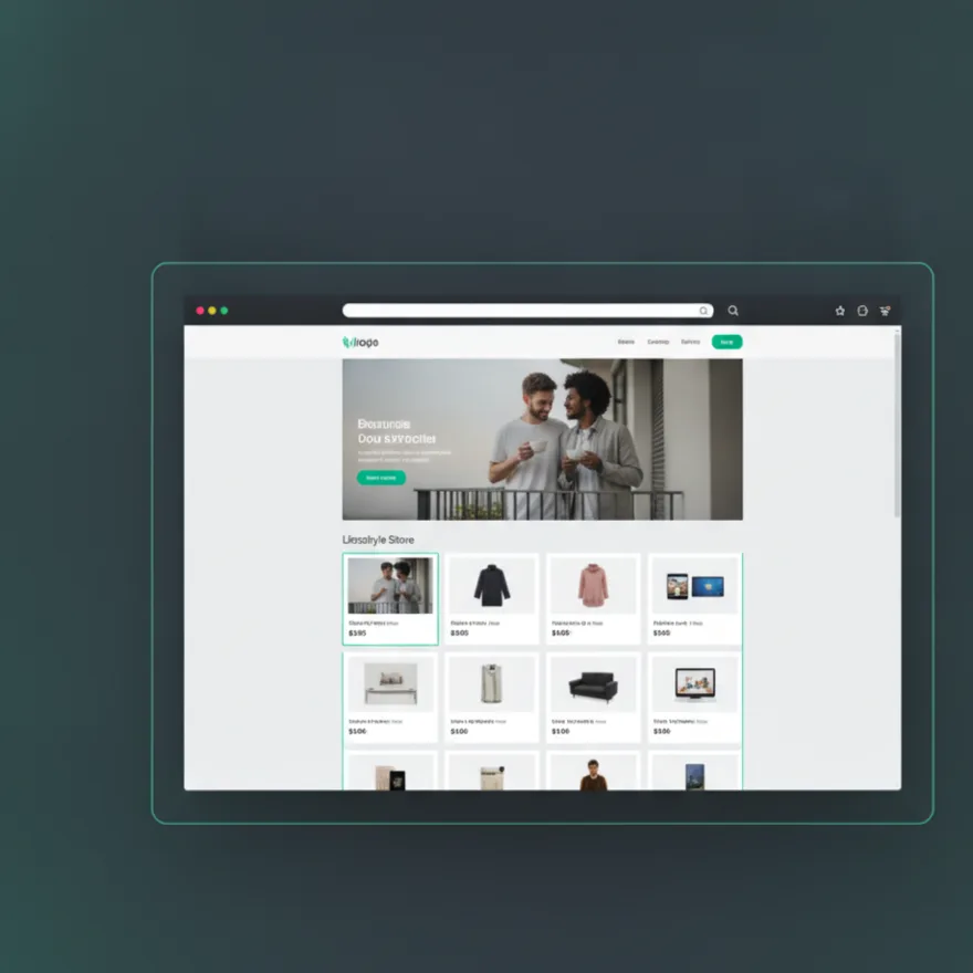 Clean modern Shopify storefront with a product grid shown in a browser
